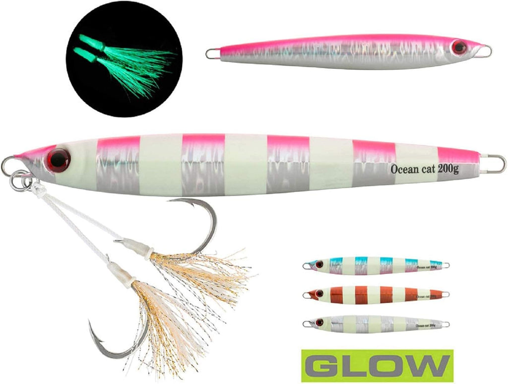 OCEAN CAT 1 PC Slow Fall Pitch Fishing Lures Sinking Lead Metal Flat Jigs Jigging Baits with Hook for Saltwater Fishing 4 Colors 160G/200G