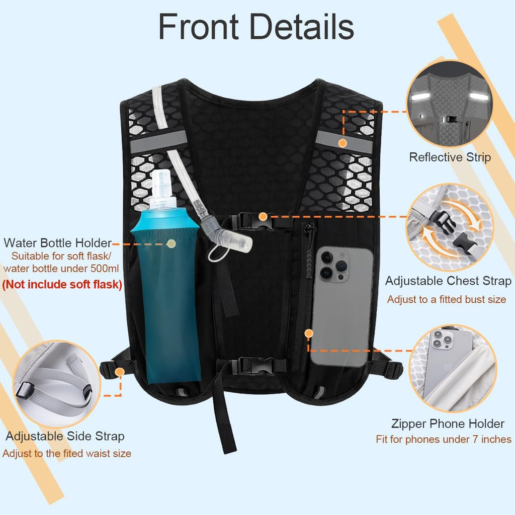 Running Vest Hydration Backpack for Men Women, Lightweight Breathable Hydration Packs, Adjustable Chest Straps Daypack, Reflective Water Running Vest for Marathon, Trail, Hiking, Cycling