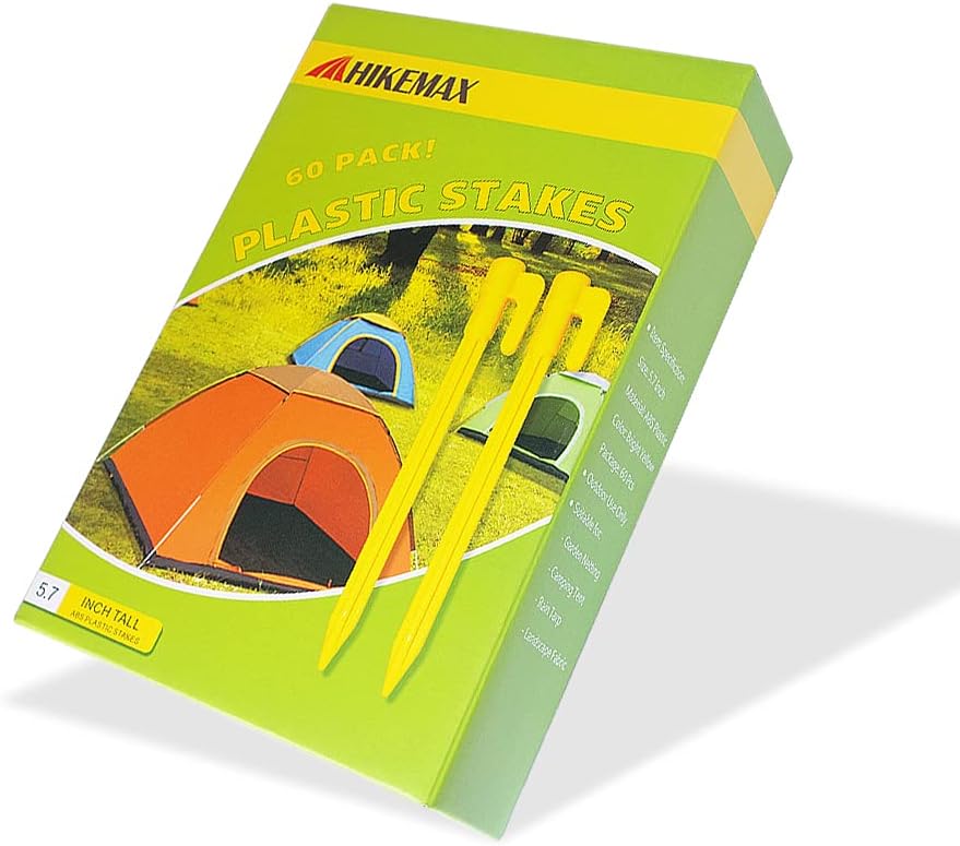 60 Pack Plastic Tent Pegs Garden Landscape Stakes 5.7 Inch for Anchoring Garden Netting, Camping Tents, Rain Tarps and Landscape Fabric Lawn Edging Yellow