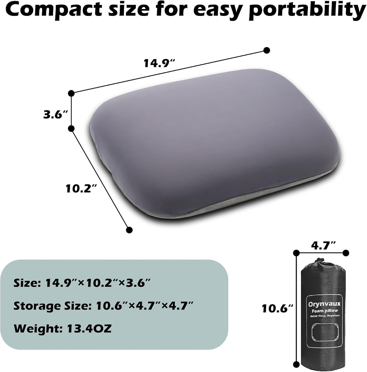Small Travel Camping Pillow, Double-Sided Fabric Pillow with Adjustable Buckle Strap & Storage Bag, Compact Small Pillow for Airplane, Car Lumbar, Office, Washable Cover, Obsidian Black