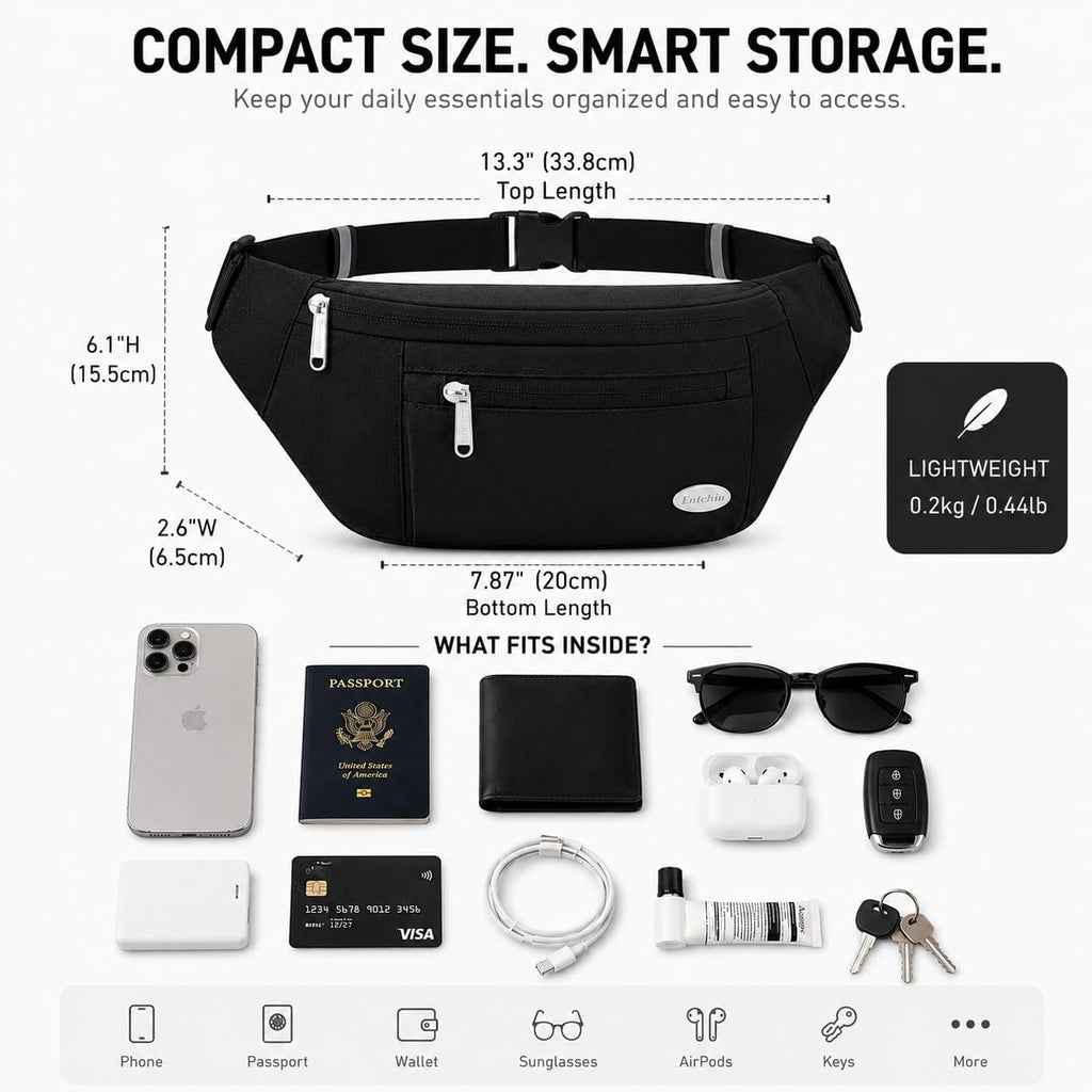 Entchin Water-Resistant Fanny Pack, 4-Zipper Belt Bag