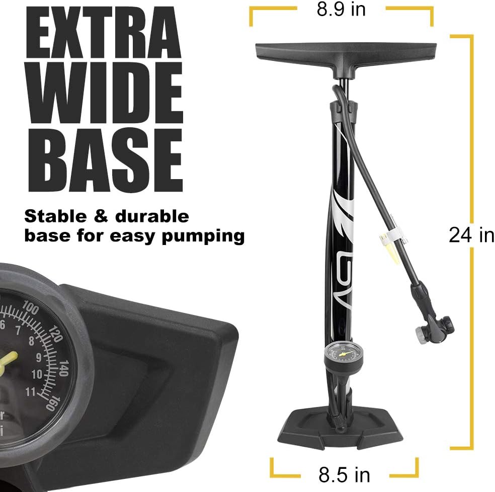 BV Bicycle Pump Durable Bike Floor Pump 17/24 inch Smart Valve Head, 160 psi, Automatically Reversible Presta and Schrader