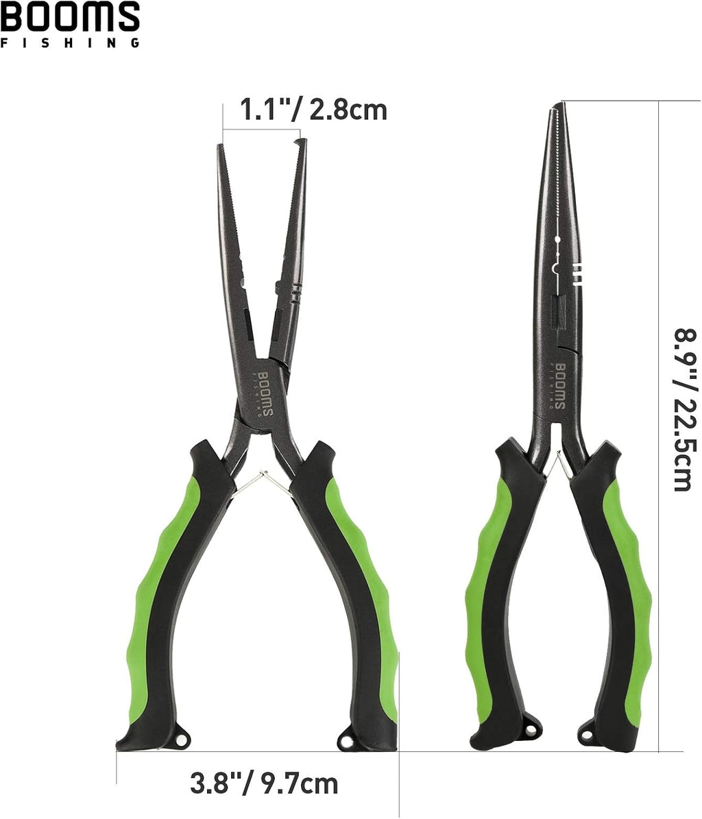 Booms Fishing F03 Needle Nose Fishing Pliers, 9" Fisherman's Pliers, Long Nose Hook Remover, Saltwater Resistant Fishing Gear, Green