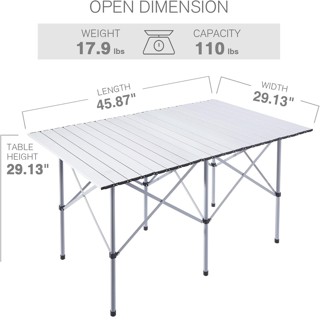 EVER ADVANCED Camping Table, Fold up Lightweight, 4-6 Person Portable Roll up Aluminum Table with Carry Bag for Outdoor, White