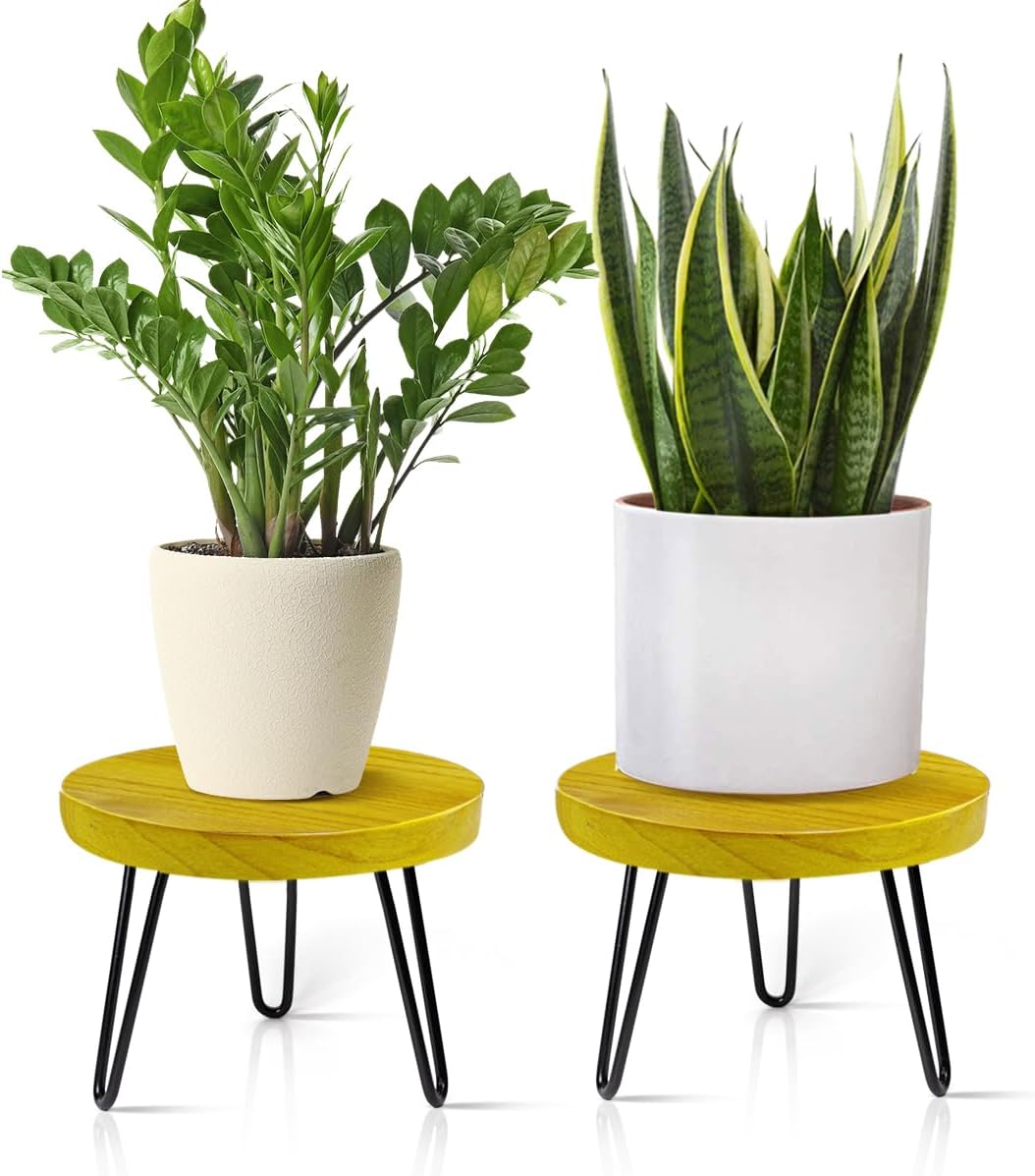 OBTAIN Plant Stand Indoor Outdoor, Wooden plant Stool, Mid Century Plant Stand for Indoor Plants, Wood Modern Plant Holder Rattan Flower, Low Short Boho Rustic Planter Stand Fit 5-15 Inch Pot(M)