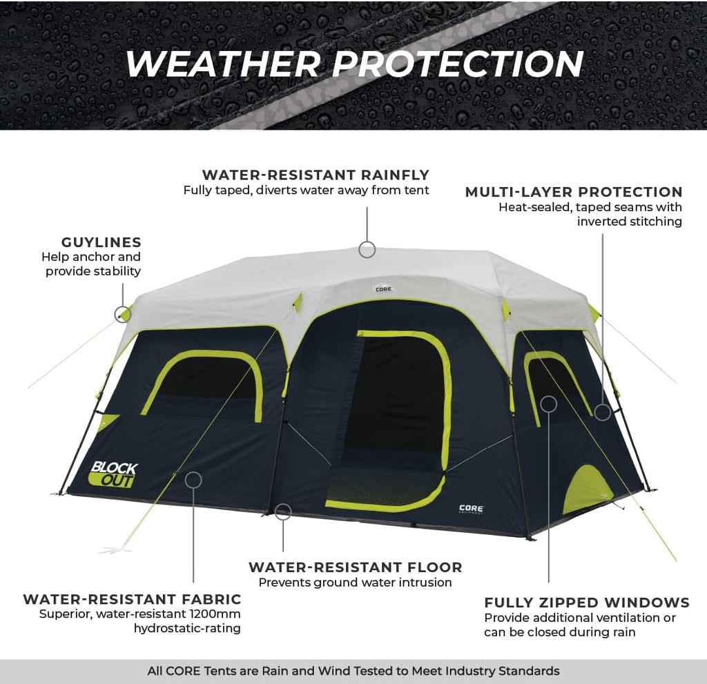 CORE Blackout Instant Cabin Tent | Large Family Pop Up Dark Room Tent with Easy Camp Setup | Included Storage Pockets for Outdoor Camping Accessories