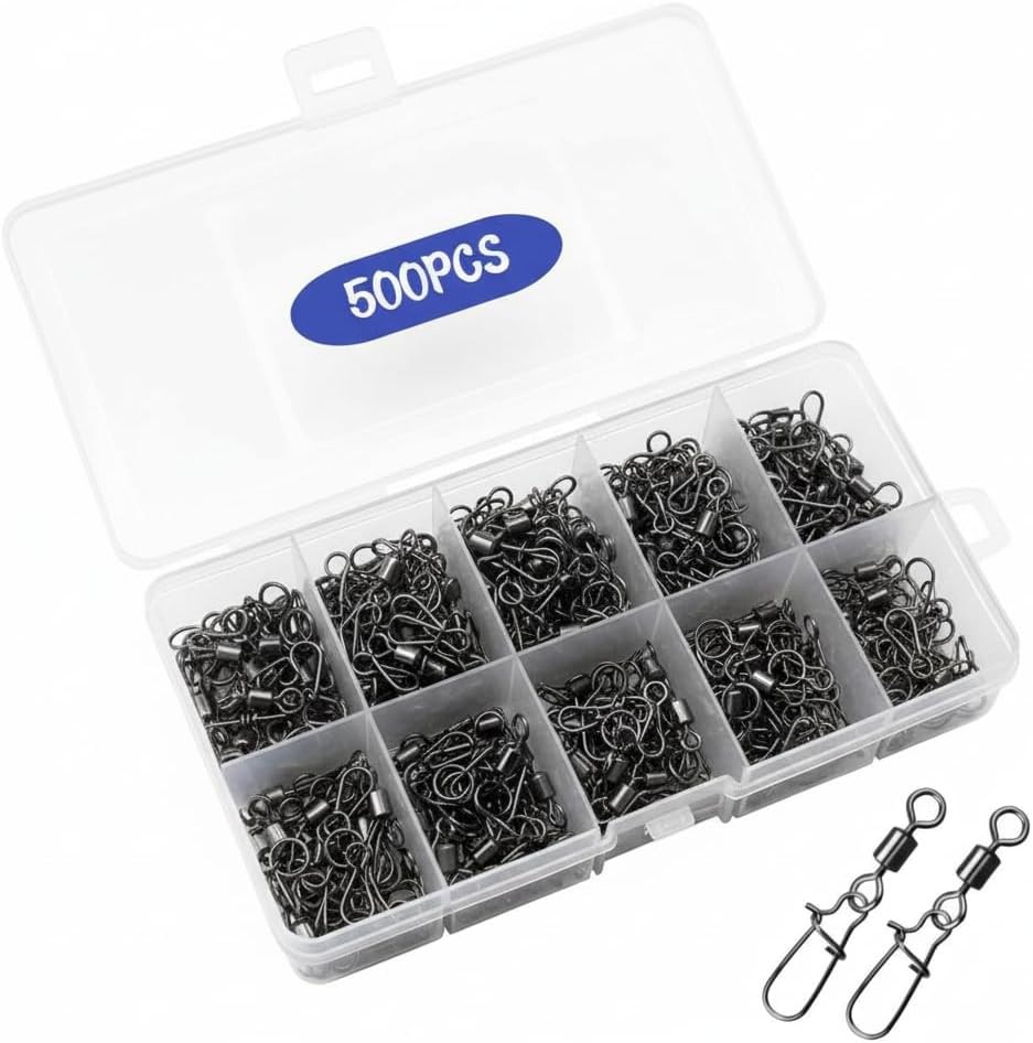 500 Pcs - Fishing Swivels Stainless Steel Barrel Swivels Fishing Tackle Kit with Assorted Sizes for Saltwater & Freshwater Rigs