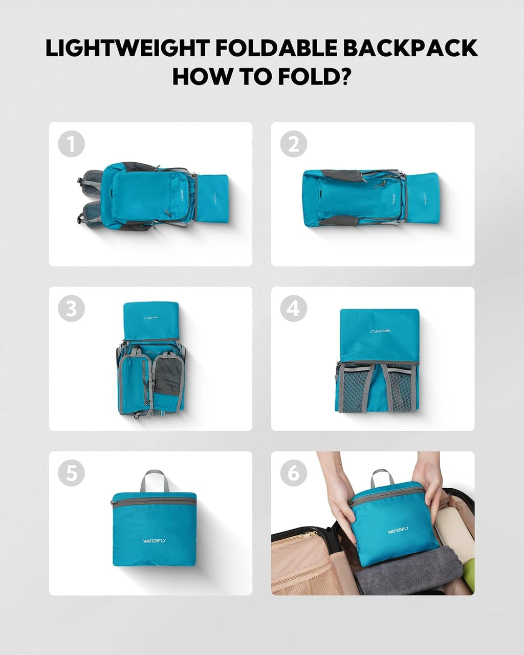 WATERFLY Small Packable Travel Backpack: 15L Lightweight Hiking Daypack