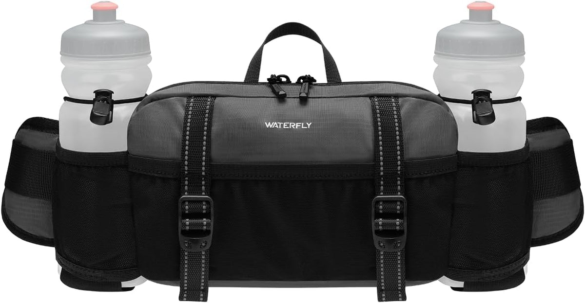 WATERFLY Large Hiking Fanny Pack: 3L Waist Bag with 2 Bottle Holders for Women Men - 9 Pockets & Adjustable Belt Lumbar Hip Packs for Travel Running Cycling Camping Workout (Bottles Not Included)