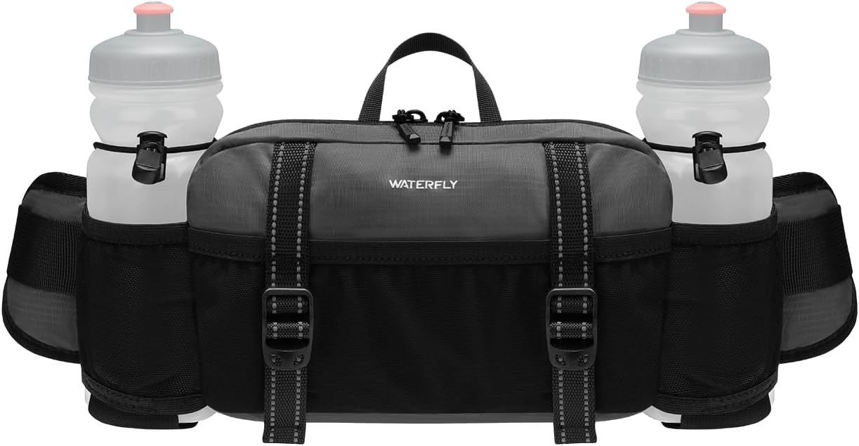 WATERFLY Large Hiking Fanny Pack: 3L Waist Bag with 2 Bottle Holders for Women Men - 9 Pockets & Adjustable Belt Lumbar Hip Packs for Travel Running Cycling Camping Workout (Bottles Not Included)