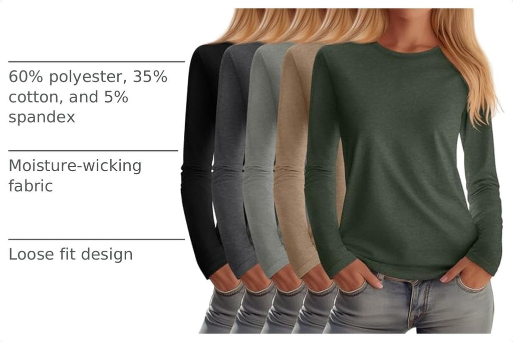 Huukeay 5 Pack Women's Crew Neck Long Sleeve Shirts