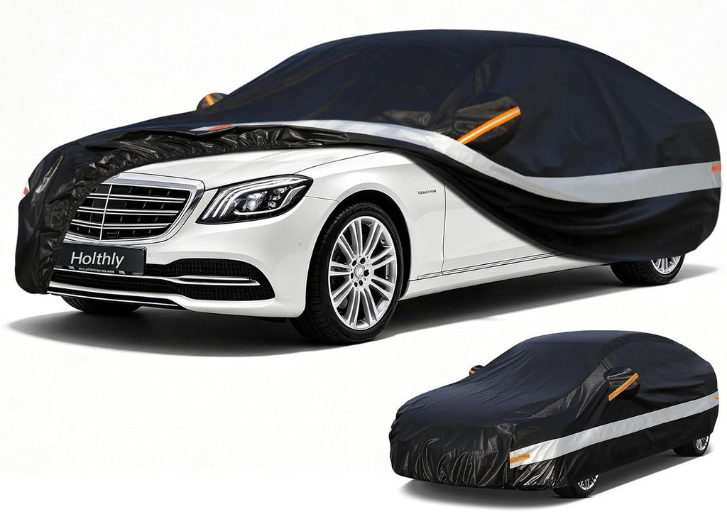 10 Layers Sedan Car Cover Waterproof All Weather for Automobiles,100% Waterproof Outdoor Car Covers Rain Snow UV Dust Protection. Custom Fit for Audi A8, BMW 7 Series, Dodge Charger,etc