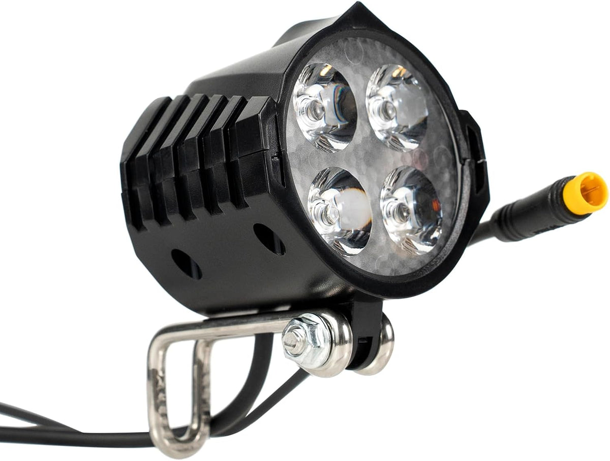 Electric Bike Headlight with Horn, 3-Pin Wired E-Bike Front Lamp Replacement, 4 LED Front Light for 24V 36V 48V 52V Electric Bicycle, Scooter and Ebike, Adjustable Metal Bracket