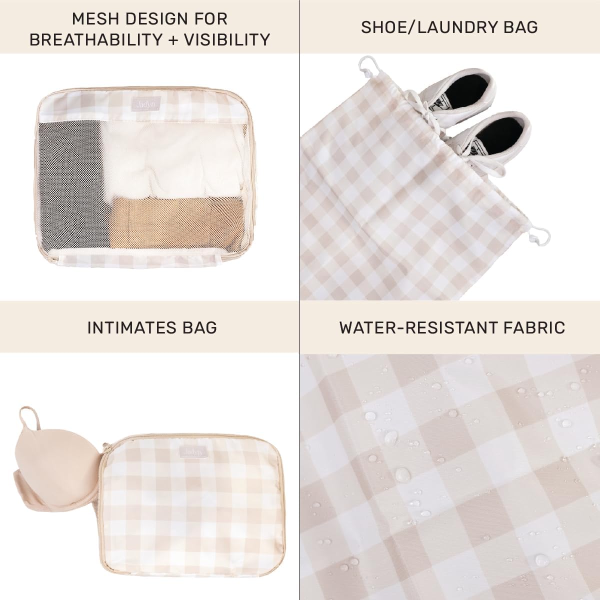 Jadyn Packing Cubes for Travel, 6-Piece Large Packing Cube Organizer Set for Suitcase, Duffel Bag, Luggage, Multiple Sizes Travel Essentials (Beige Gingham)
