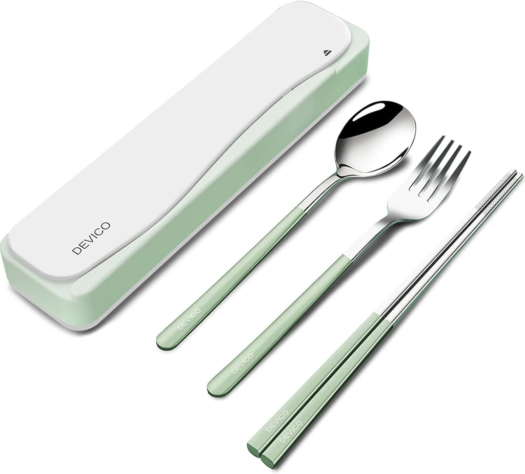 DEVICO Travel Utensils with Case, 4Pcs Portable Silverware Set for Work, 18/8 Stainless Steel Reusable Cutlery, Korean Spoon and Chopsticks Fork for Camping, School, Lunch Box Accessories (Green)