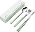 DEVICO Travel Utensils with Case, 4Pcs Portable Silverware Set for Work, 18/8 Stainless Steel Reusable Cutlery, Korean Spoon and Chopsticks Fork for Camping, School, Lunch Box Accessories (Green)