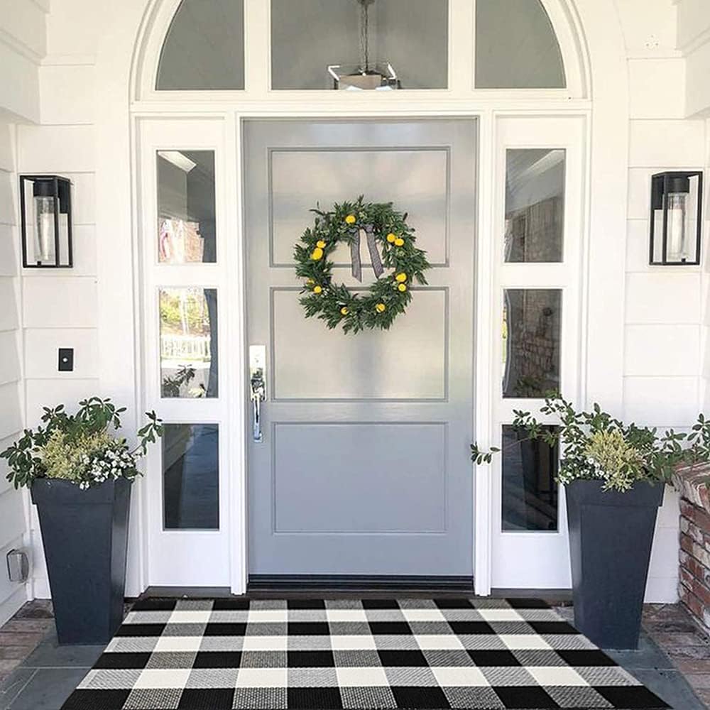 MUBIN Fall Decor Cotton Buffalo Plaid Rug, 3' x 5' Coffee Black Outdoor Rug Front Door Decorative Mat, Washable Doormat Hand-Woven Foldable Area Rug Layered Door Mats Rug for Front Porch, Entryway