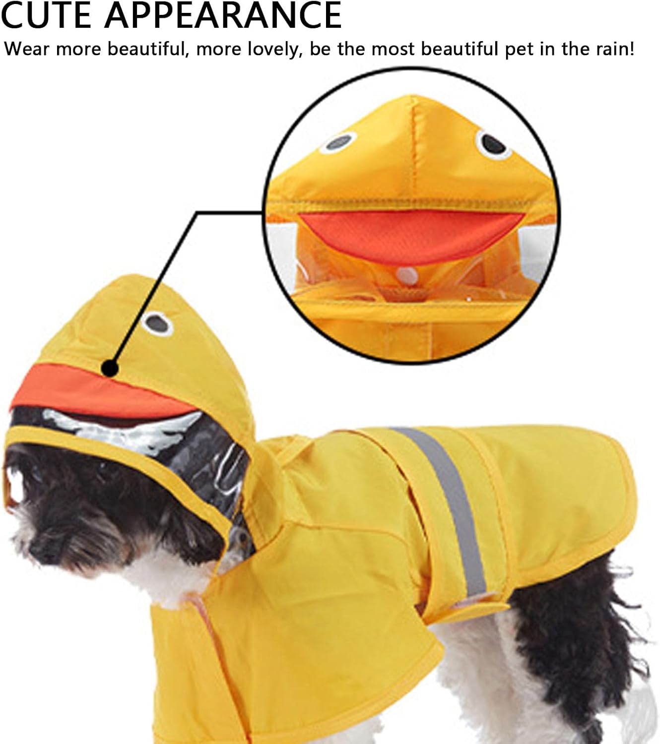 Small Dogs Duck Design Raincoat, Hooded Rain Jacket Poncho with Reflective Stripes, Transparent Hood for Puppies, Large Size