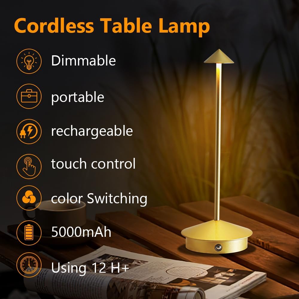 Cordless Table Lamp Set of 2, 5000mAh Rechargeable Battery Powered LED Desk Lamp, Portable Touch Dimming Outdoor Table Lamps, 3 Color Light for Restaurant, Patio, Bedroom, Night Lamp (Gold)
