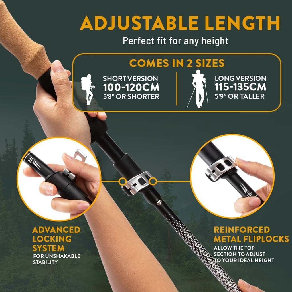 Premium Foldable Hiking Poles by USA Brand - Adjustable, Lightweight Trekking Poles Made of Aircraft Aluminum, Metal Locks Cork EVA Grips