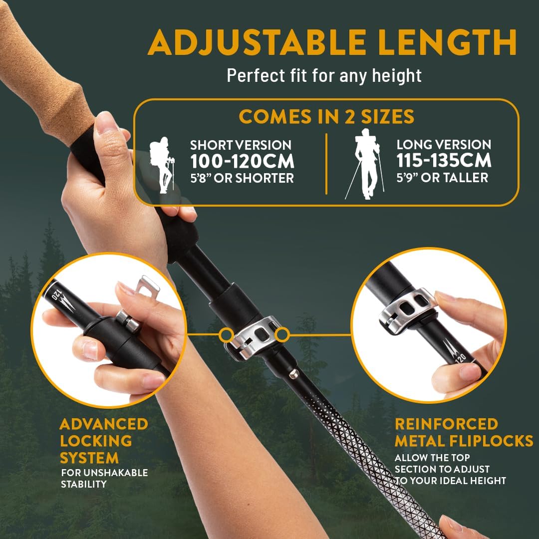 Premium Foldable Hiking Poles by USA Brand - Adjustable, Lightweight Trekking Poles Made of Aircraft Aluminum, Metal Locks Cork EVA Grips