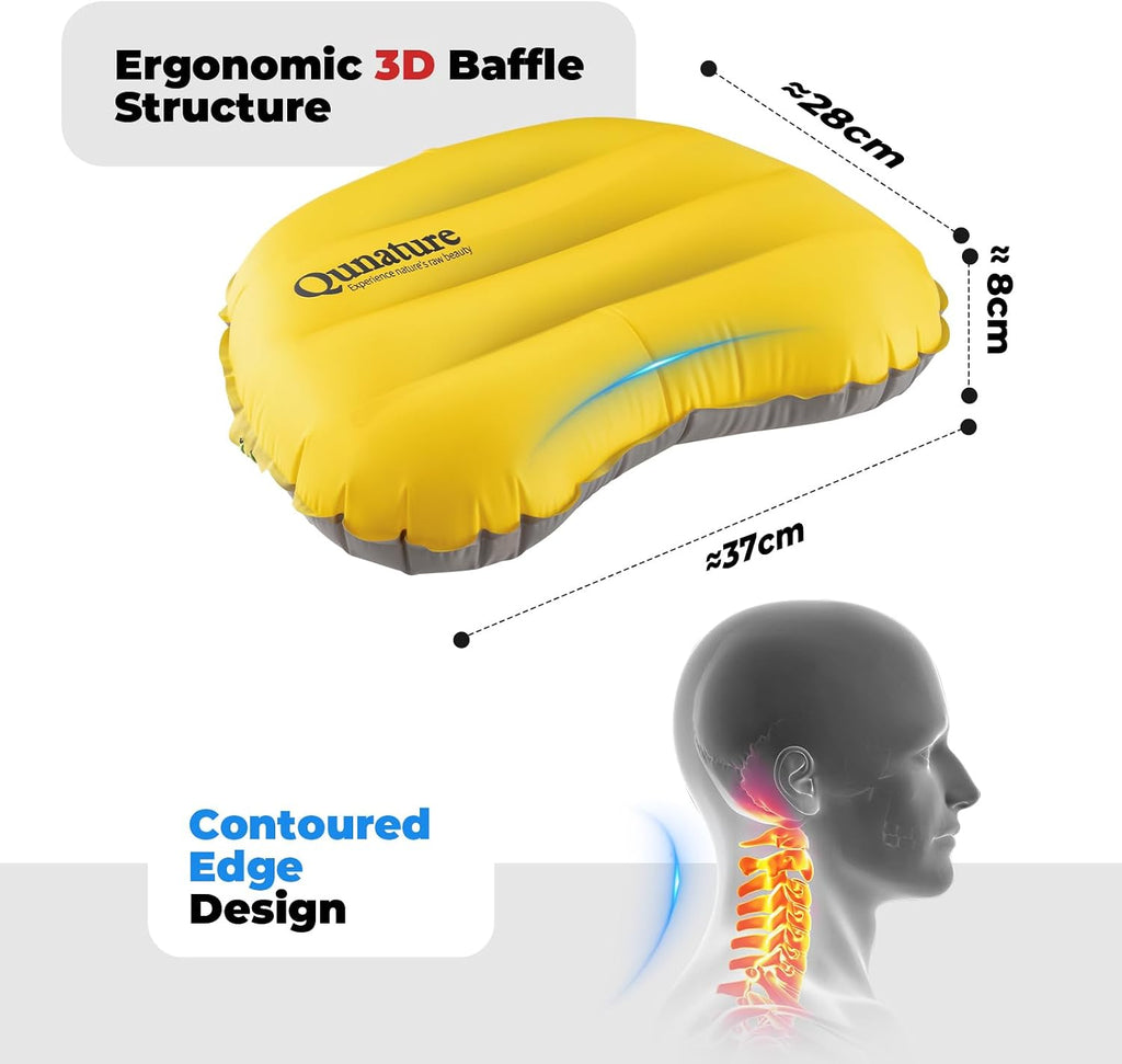Ultralight Inflatable Camping Pillow, 70g Adjustable TPU Cushion, 20D Nylon Durable, Ergonomic Baffle for Neck & Lumbar, Compact for Hiking Airplane, Dawn Yellow