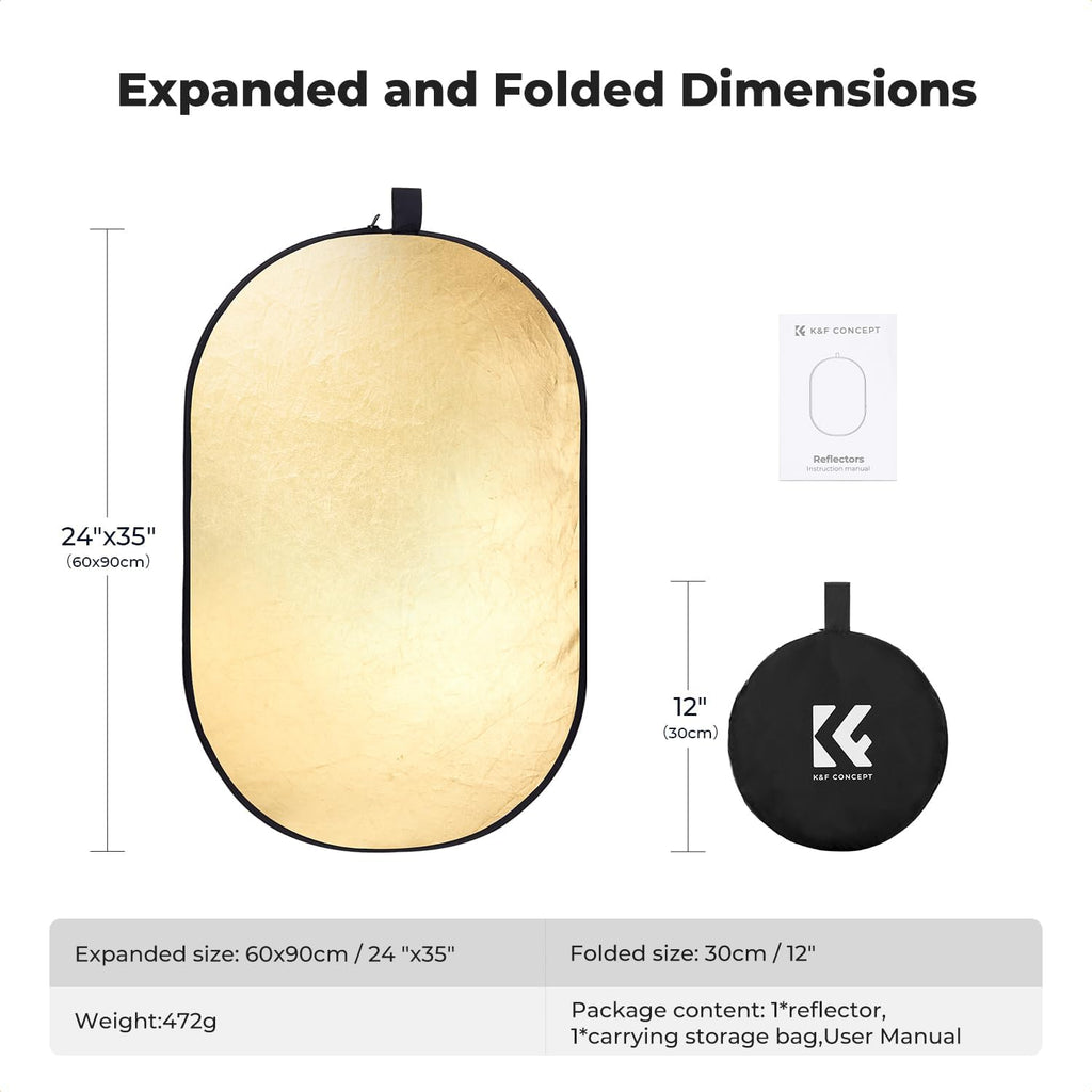 K&F Concept 24" x36” 5-in-1 Oval Foldable Reflector, with Carrying Bag