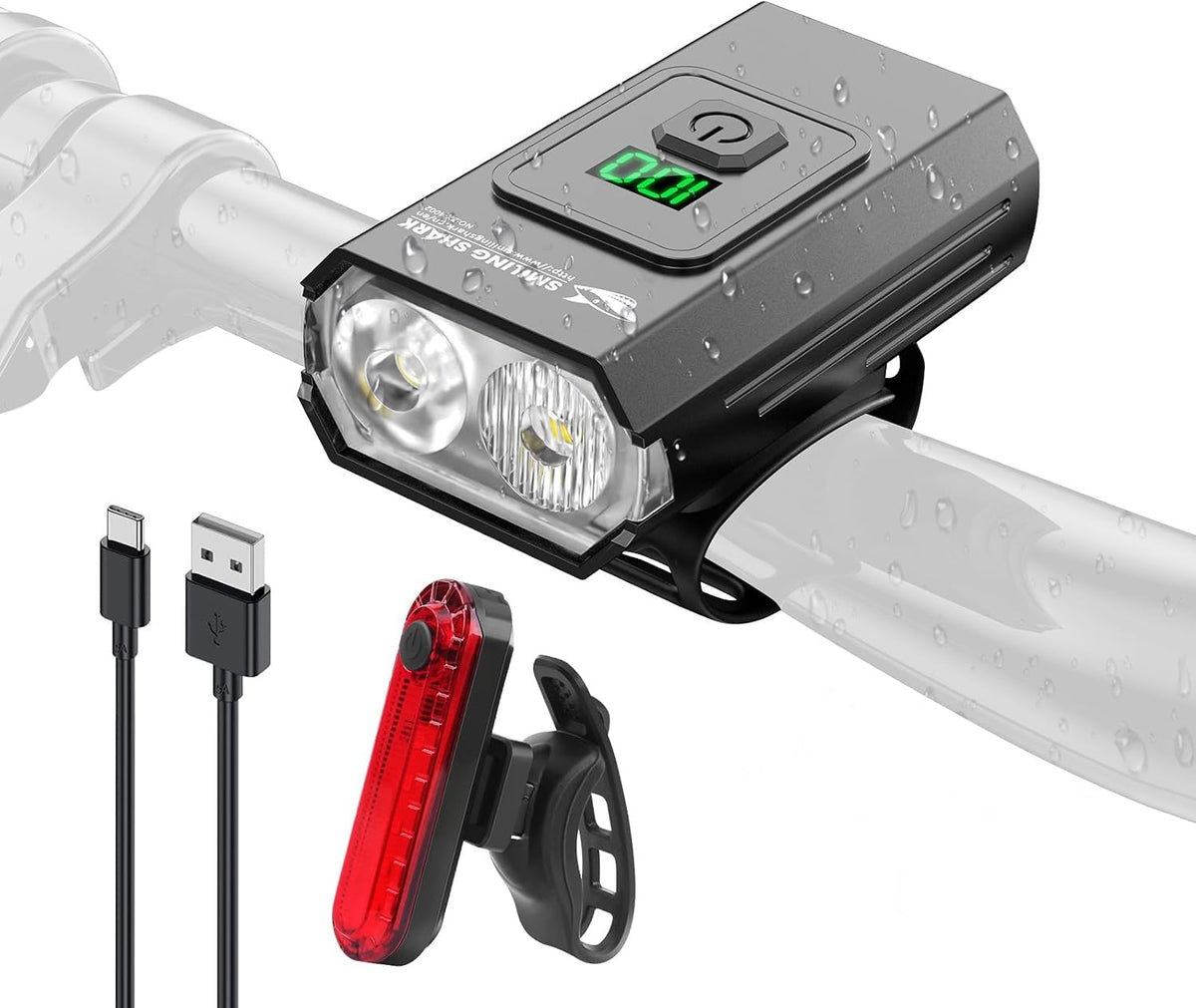 Smiling Shark Portable Bicycle Lights Set USB Rechargeable IPX6 Waterproof