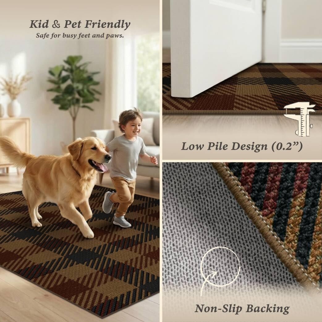 JTJ Easy Jute 3x5 Outdoor Rug, Black & Brown Plaid, Washable