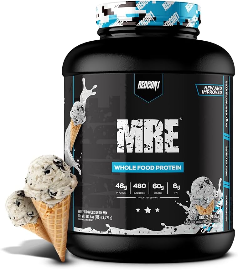 REDCON1 MRE Whole Food Protein Powder, Cookies & Cream - Meal Replacement Made with Animal and Plant Based Protein Sources, Nutrient and Calorie Dense, 0g Added Sugar (24 Servings)
