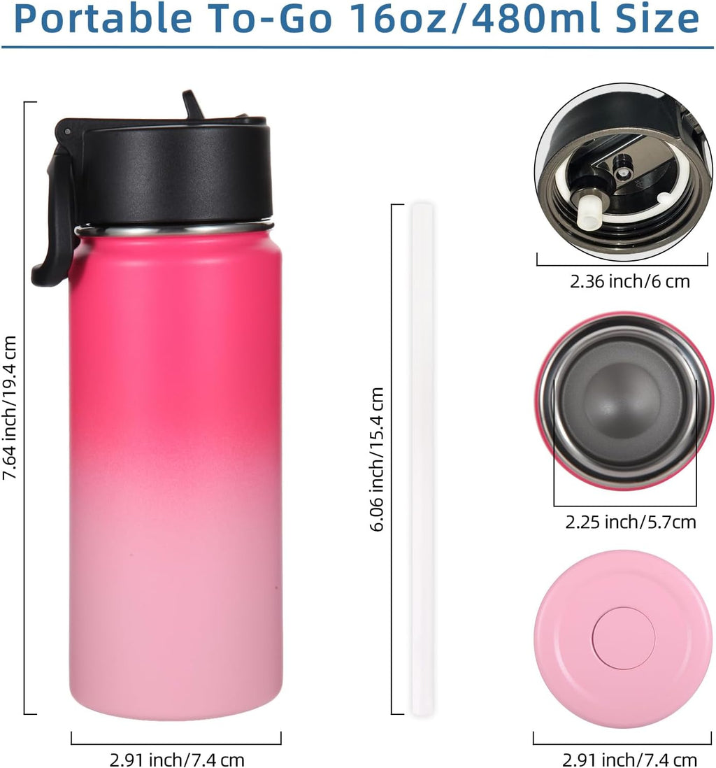 Volhoply 16 OZ Kids Water Bottle Bulk 2 Pack,Insulated Sports Bottles with Straw Lid,Stainless Steel Bottle with Handle Keep Cold & Hot,Double Wall Vacuum Tumbler Cups for School,Girls(Peach, 2)