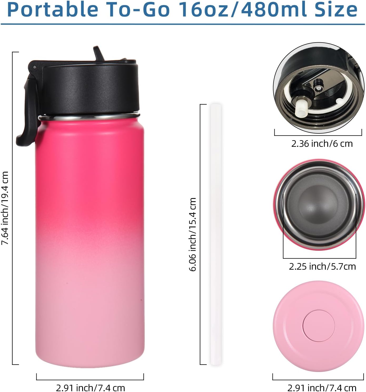 Volhoply 16 OZ Kids Water Bottle Bulk 2 Pack,Insulated Sports Bottles with Straw Lid,Stainless Steel Bottle with Handle Keep Cold&Hot,Double Wall Vacuum Tumbler Cups for School(Assorted, 2)