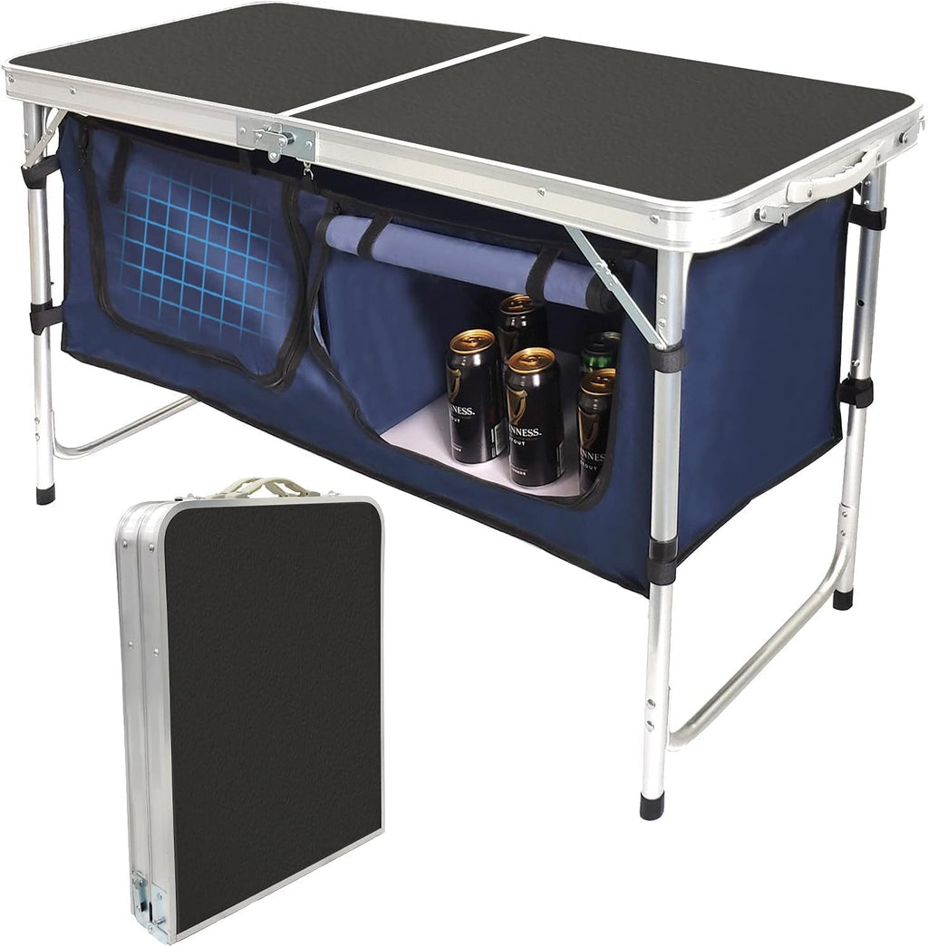 Folding Camping Table with Storage Compartment Aluminum Lightweight Camp Kitchen Table Height Adjustable Indoor/Outdoor Table Perfect for Tailgating, Backyards, BBQ, Picnic (Black-Wide W/Stool)