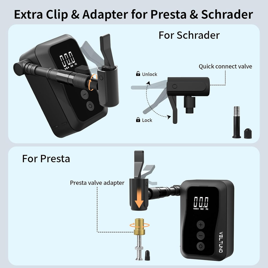 Mini Electric Bike Pump, Max 150 PSI Fast Inflation with Digital Pressure Gauge, Smart Auto Stop, USB-C Rechargeable, Presta & Schrader Valve for Road Bike, MTB, E-Bike, Motorcycle, Balls