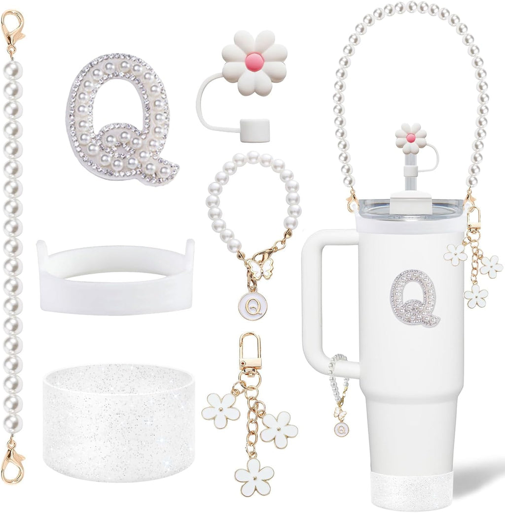 Stanley Cup Accessories Set - Including Water Bottle Carrying Pearl Strap, Handle Letter Charms Sticker, Silicone Cups Boot Straw Cover for 40oz & 30oz Tumbler