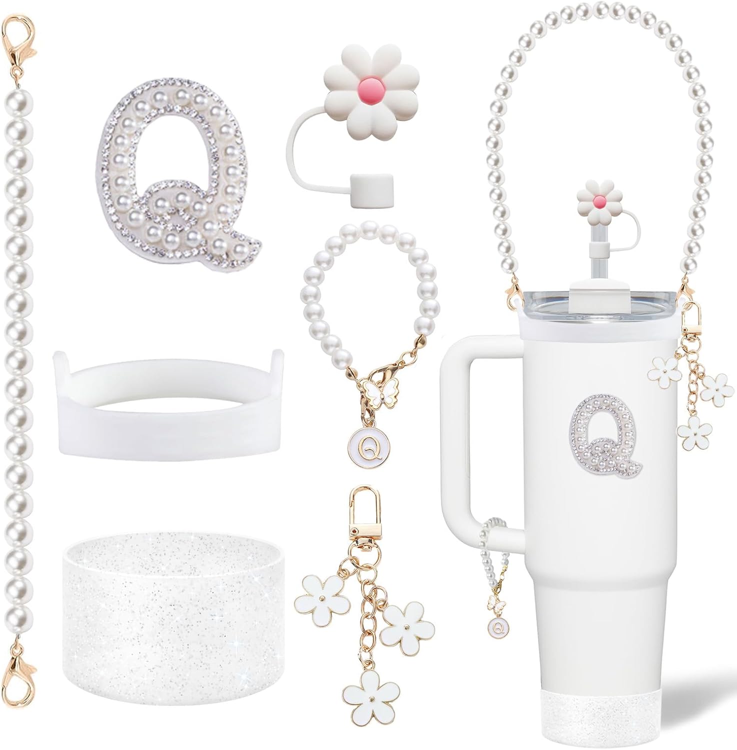 Stanley Cup Accessories Set - Including Water Bottle Carrying Pearl Strap, Handle Letter Charms Sticker, Silicone Cups Boot Straw Cover for 40oz & 30oz Tumbler