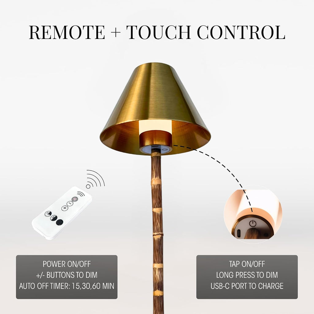 Bamboo Cordless LED Table Lamp – Rechargeable 24-Hour Battery, Dimmable Warm Light, Portable Wireless Lamp with Remote for Indoor/Outdoor Use, Home, Patio, Restaurant – (POLISHED GOLD), 14.76" Tall
