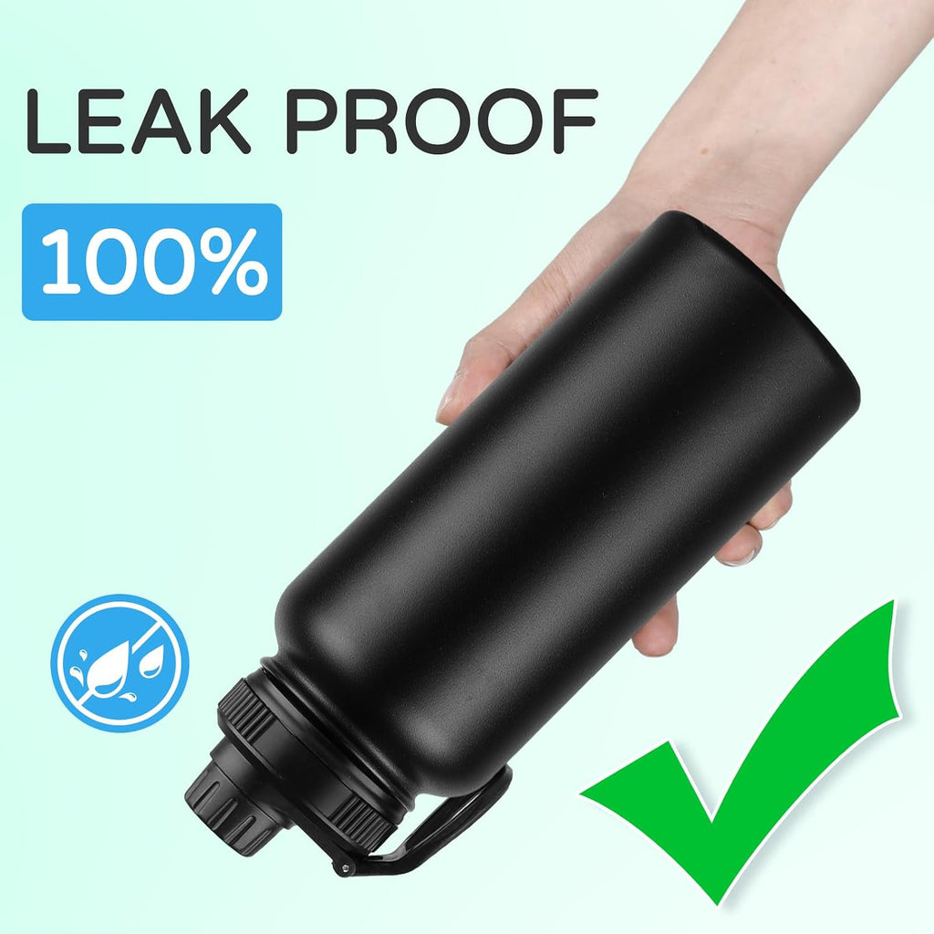DOMICARE 32 oz Insulated Water Bottle, Vacuum Insulated Stainless Steel Sports Water Bottle with Straw Lid & Spout Lid, Leakproof, Reusable - Travel, Camping, Bike, Black