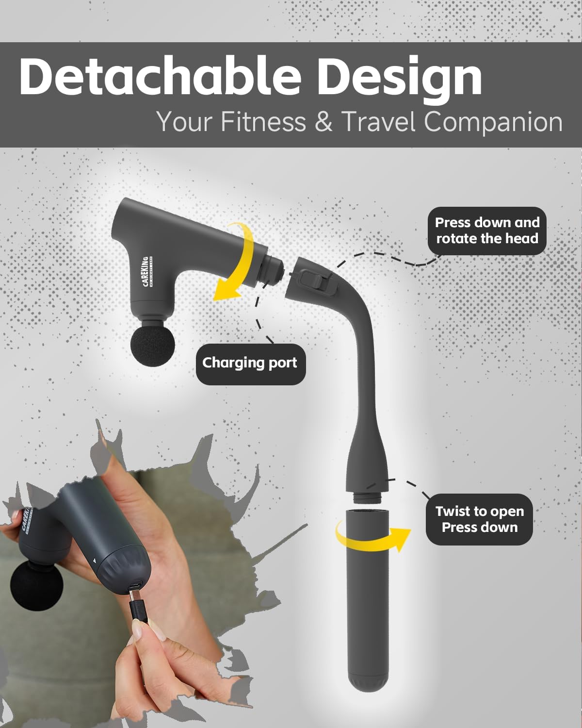 3-in-1 Detachable Mini Massage Gun Deep Tissue with Extension Handle