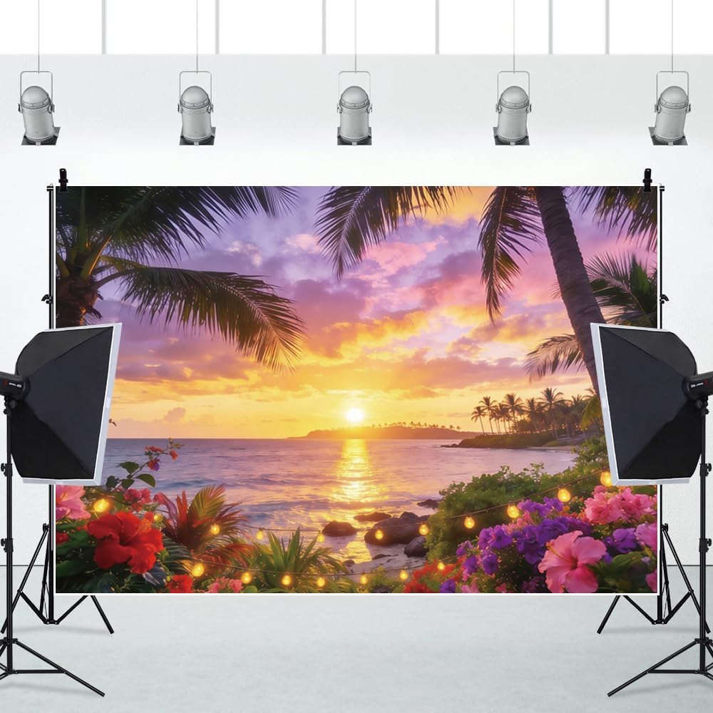 Summer Hawaii Beach Backdrop 10x8ft Tropical Luau Seaside Sunset Palm Flower Photography Background for Summer Holiday Travel Birthday Wedding Party Decoration Supplies Banner Photo Props