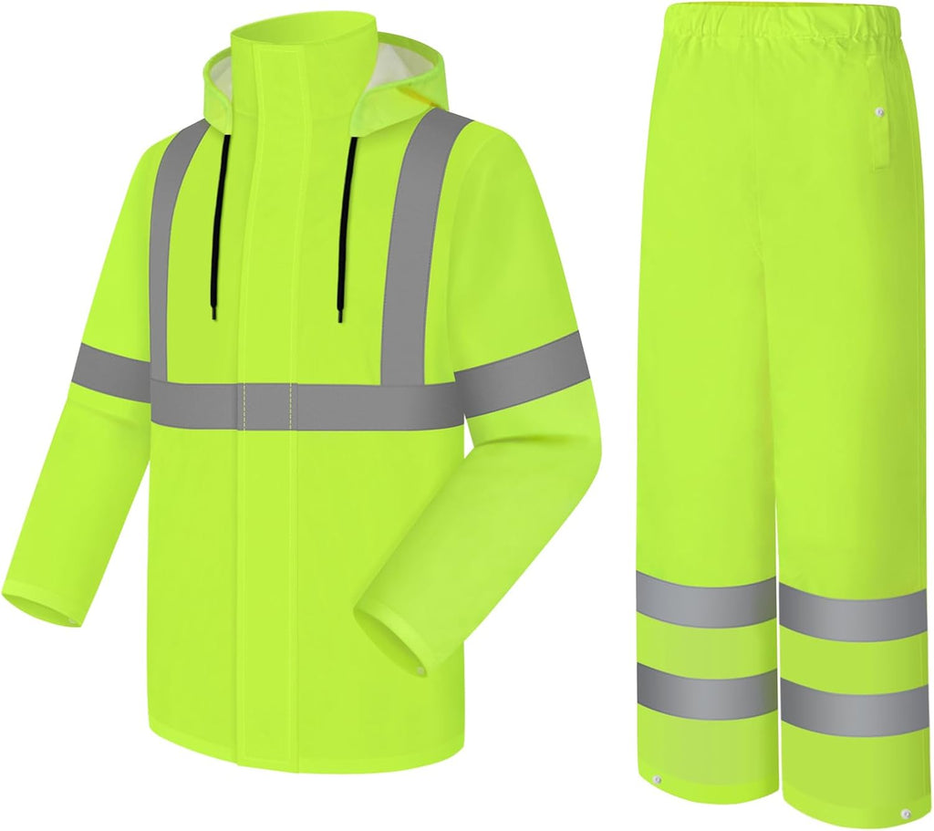 Hi Vis Rain Jacket Rain Suits for Men, High Visibility Waterproof Rain Coat with Hood, Class 3 Lightweight High Vis Rain Gear for Outdoor Activities& Safety Work, Men Women, Orange T, L-XL