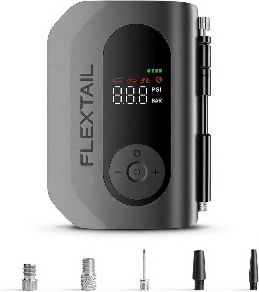 FLEXTAILGEAR Electric Bike Pump Portable 150 PSI, Mini Bike Pump with Magnetic Hose & Auto Shut Off, Rechargeable Bicycle Tire Pump with Digital Gauge & LED Light for Road Bike, MTB, Motorcycle & Ball