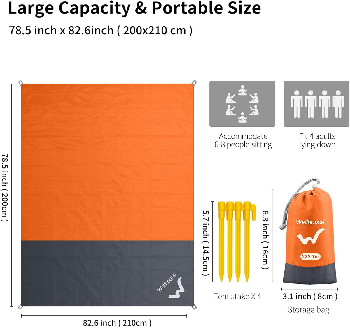 wellhouse Sandproof Beach Blanket,Camping Mat Waterproof Picnic Blankets with Floating Waterproof Phone Pouch Washable Rug for Travel Hiking Music Grass BBQ (Orange)