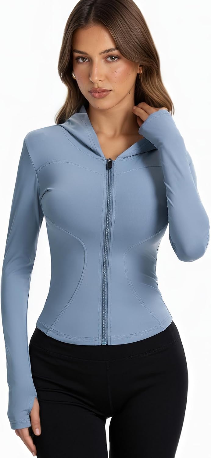Women Bbl Jackets with Hood Compression Workout Tops Lined or Unlined Lightweight Yoga Gym Jacket with Thumb Hole