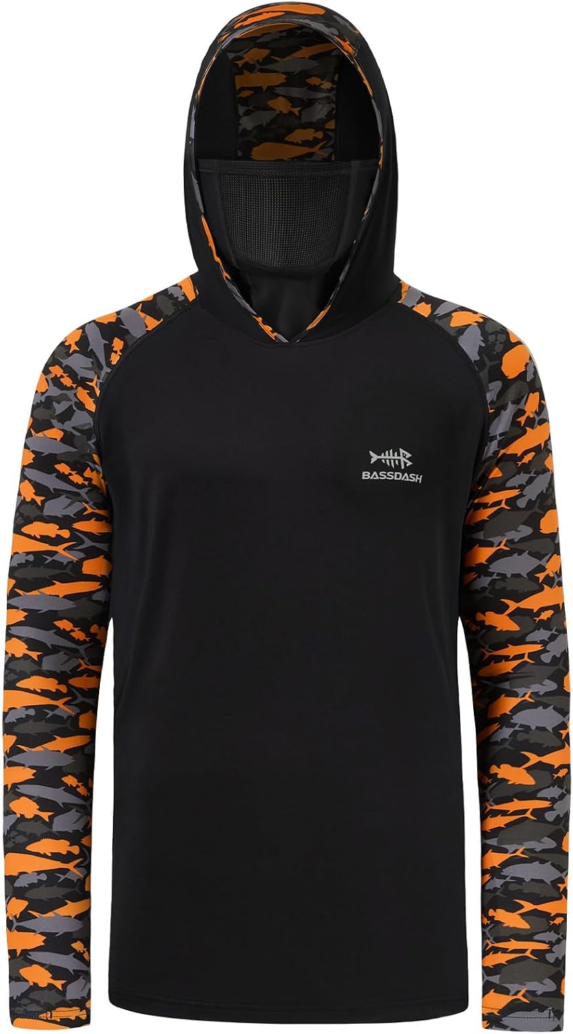 BASSDASH Men's UPF 50+ Camo Hoodie Shirt with Mask Long Sleeve Sun Protection Neck Gaiter Hooded Tee for Fishing Hiking