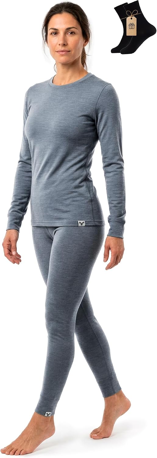 100% Merino Wool Base Layer Set Women - Thermal Underwear Long Johns PJs