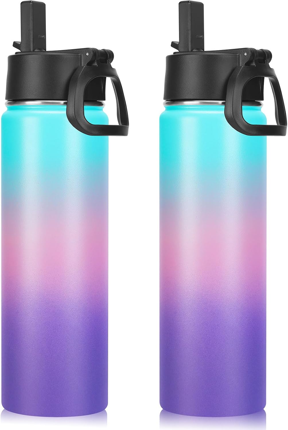 Neihepal 22 oz Insulated Water Bottles with Leak Proof Straw Lid, Wide Mouth Double Walled Vacuum Stainless Steel Metal Water Bottle (Gradient Color,2 Pack)