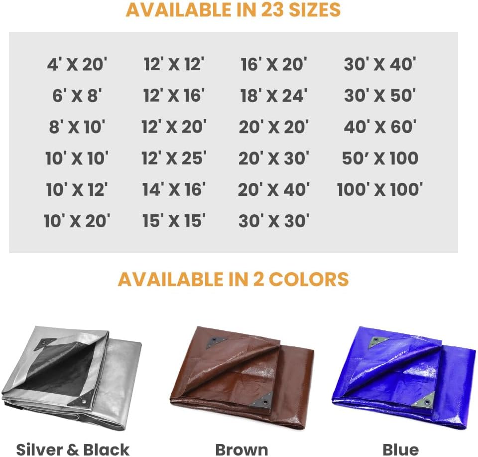WHITEDUCK Super Heavy Duty Poly Tarp Cover 16 Mil with Grommets and Reinforced Edges (Blue - 16 Mil, 12' x 20')