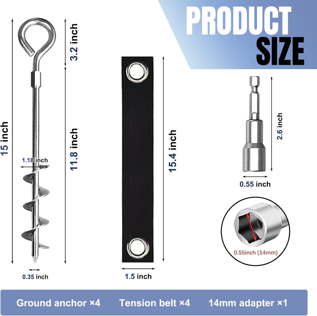 Eurmax USA 4 Pack Heavy Duty Ground Stakes&Anchors,Commercial Spiral Screw-in Trampoline Stakes with Reinforced Tie-Down Straps,High Wind Stabilizing Kit for Canopies,Outdoor Sheds,Swing Sets(Silver)
