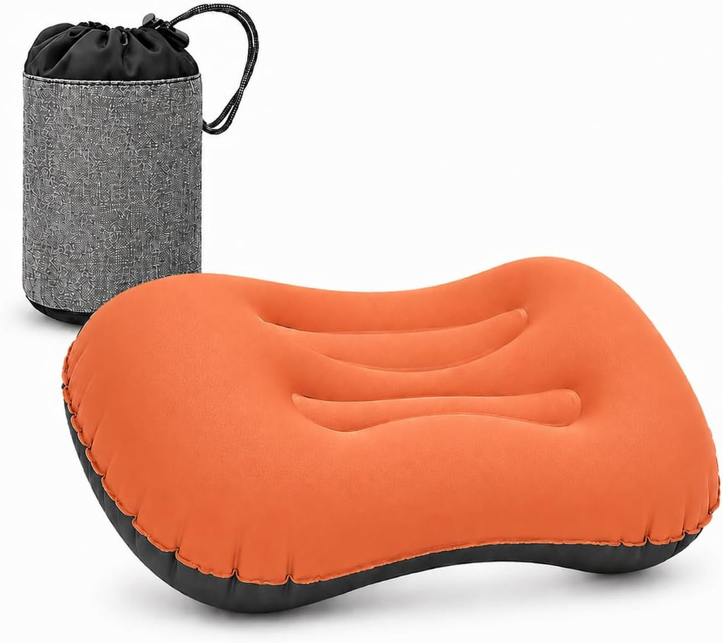Inflatable Camping Pillow, Ultralight Travel Pillow with Storage Bag for Neck Lumbar Support, Compact Comfortable Inflating Pillow for Camping, Hiking, Backpacking, Outdoor (Orange)